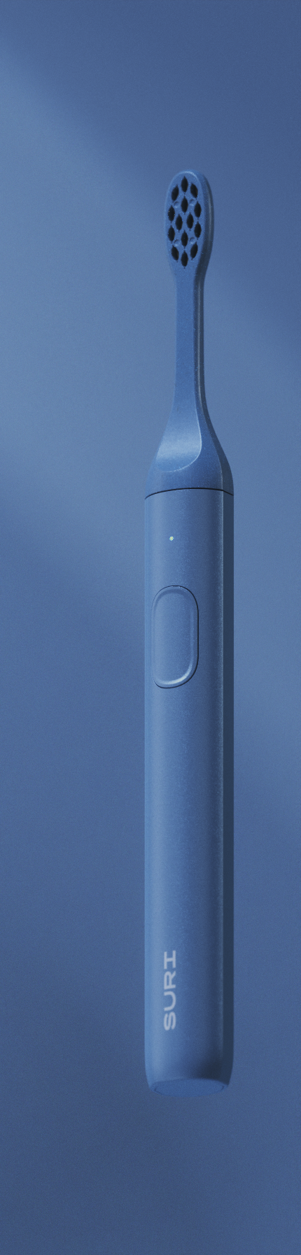 A sleek, blue electric toothbrush with a minimalist design, featuring a single button on the side and the brand name "SURT" on the handle.