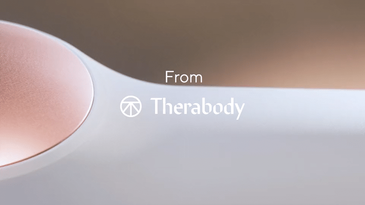 Animated sequence: A smooth, gradient background transitions from pink to white, with the Therabody logo centered.