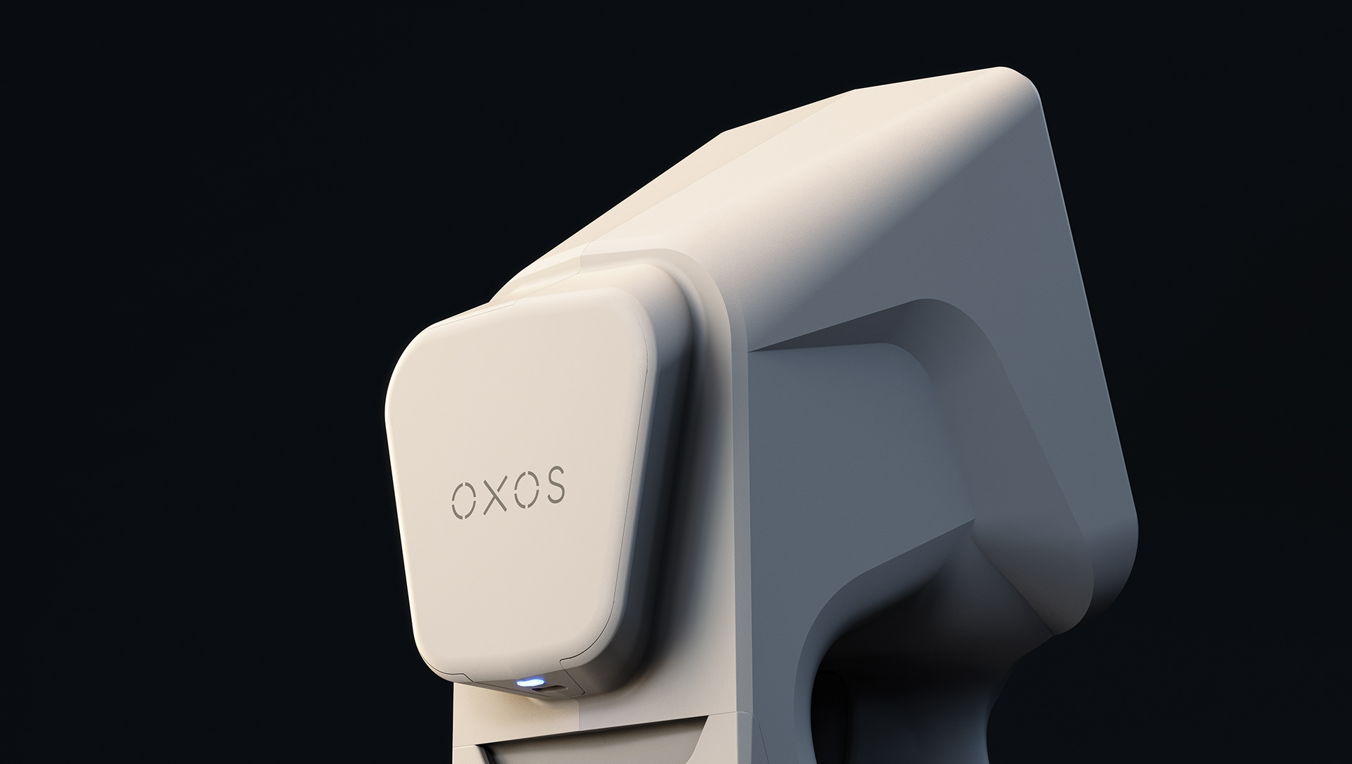 A sleek, white portable precision device with a minimalist design, featuring the brand name "OXOS" on its surface.