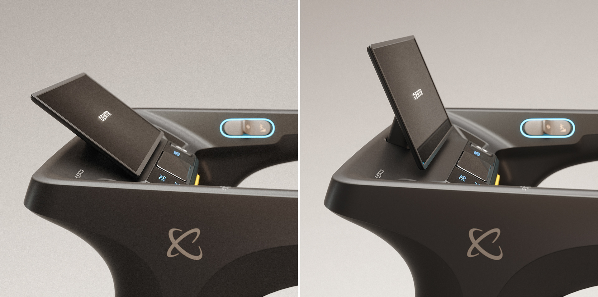 A treadmill with a modern design, featuring a black finish and a circular logo on the side. The device has a digital display and control buttons, including a power button and a speed dial.