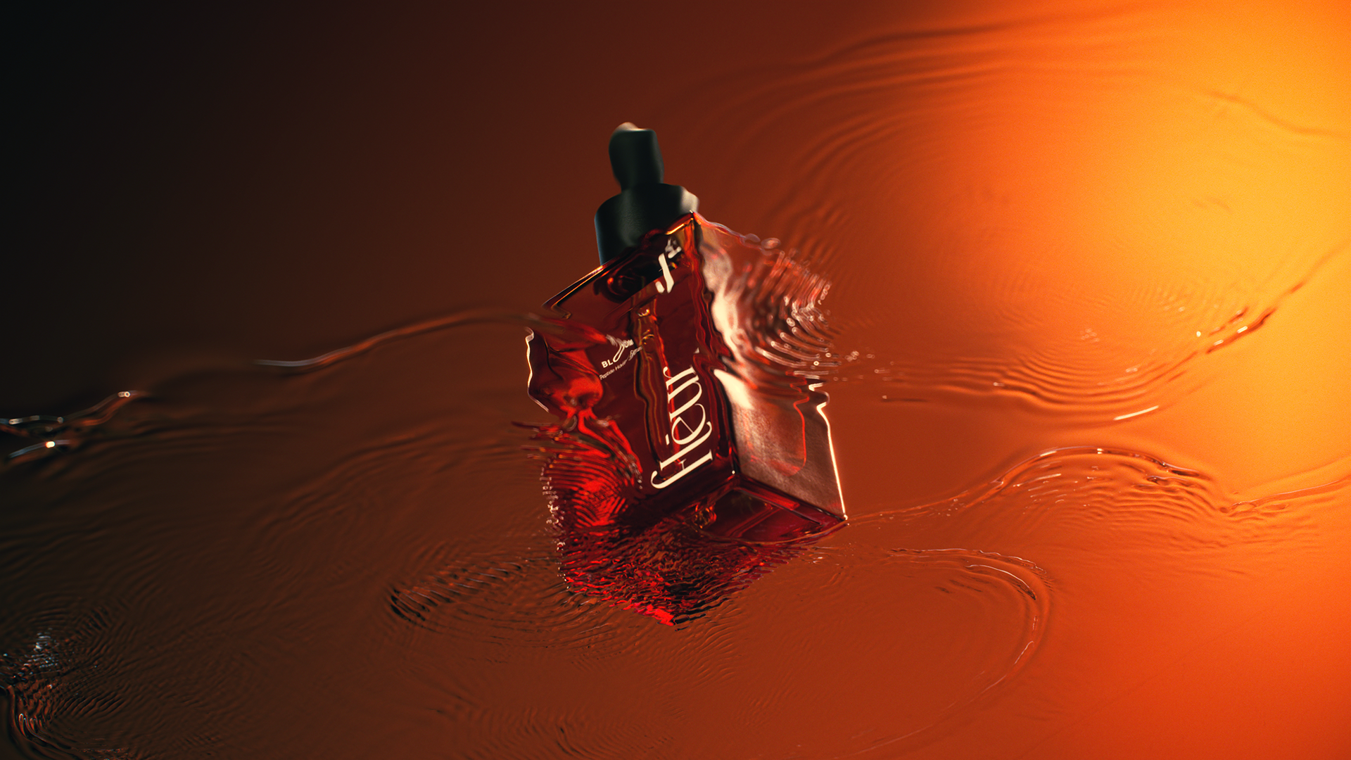 A close-up of a red bottle labeled "BLOOM" with a droplet of liquid splashing out, set against a warm orange background.