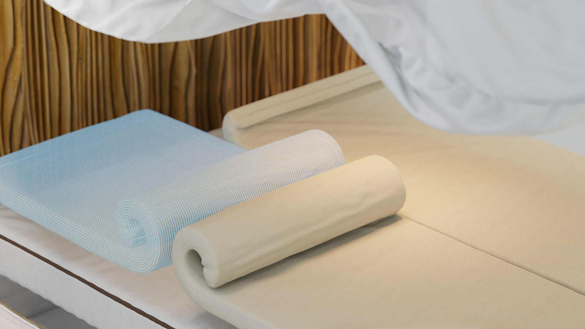 A serene scene featuring a natural mattress with a rolled-up foam roller on top, showing the product's comfort and support.