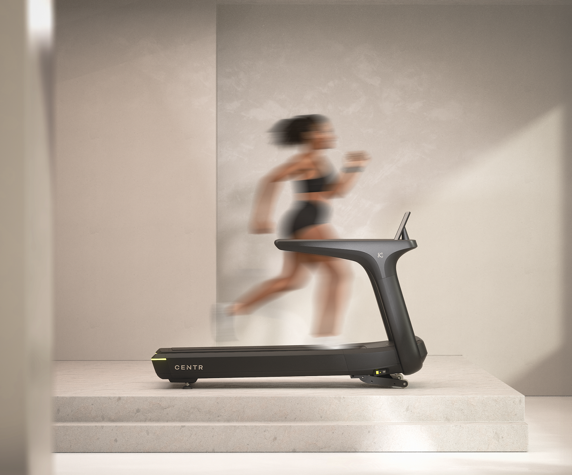 A treadmill with a minimalist design, featuring the brand name "CENTR" on its side, set against a neutral background.