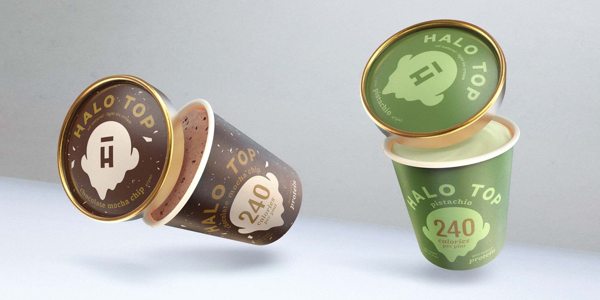 Two Halo Top ice cream containers, one chocolate mousse cake flavor and one pistachio flavor, displayed against a white background.