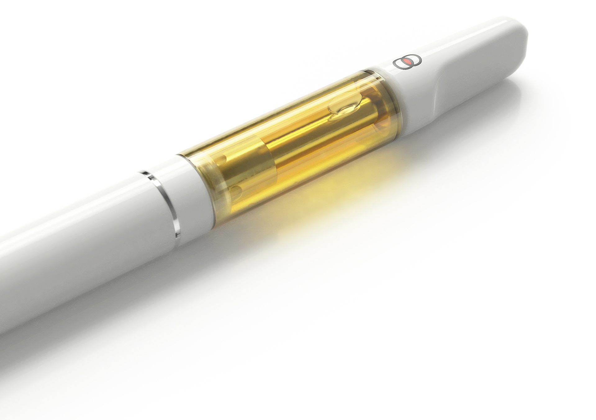 A white vape pen with a clear cartridge filled with golden liquid, showing its modern design and functionality.