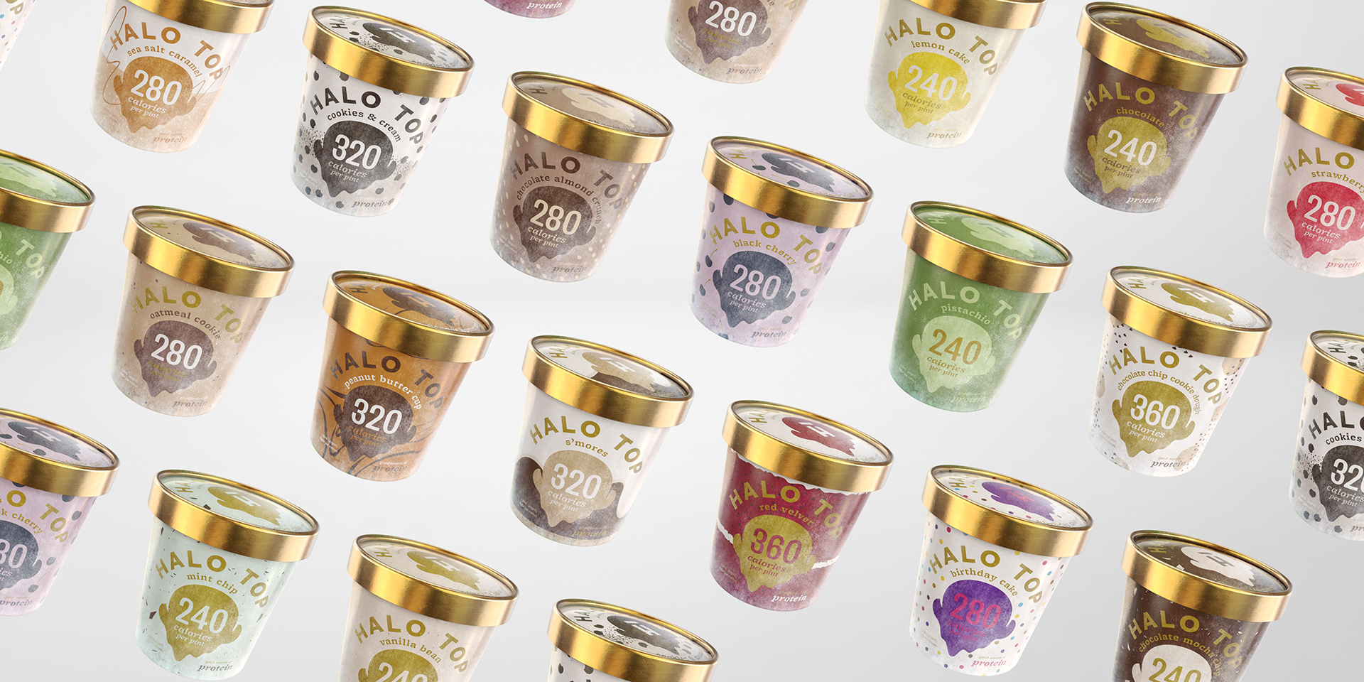 A collection of Halo Top ice cream containers in various flavors, each with a gold lid and a white label displaying the flavor number and name.