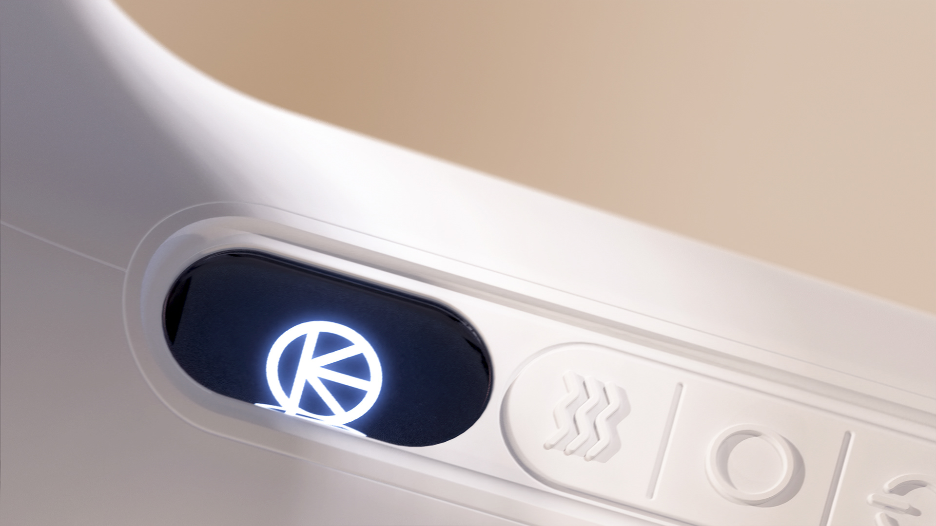 A close-up of a white device with a blue illuminated symbol resembling a peace sign, next to a Bluetooth symbol and an "O" logo.