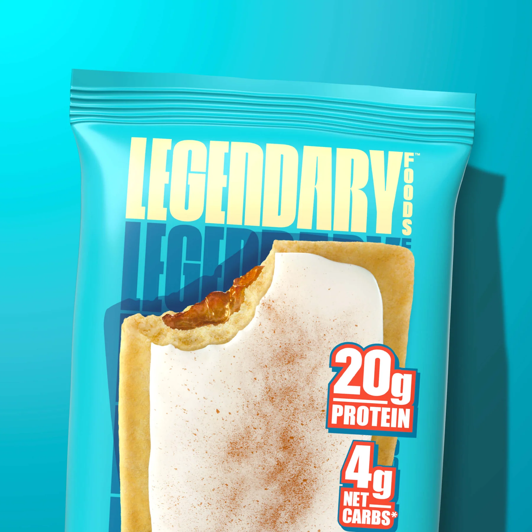 A package of Legendary Foods protein snacks, showing a filling with "20g PROTEIN" and "4g NET CARBS" prominently displayed.