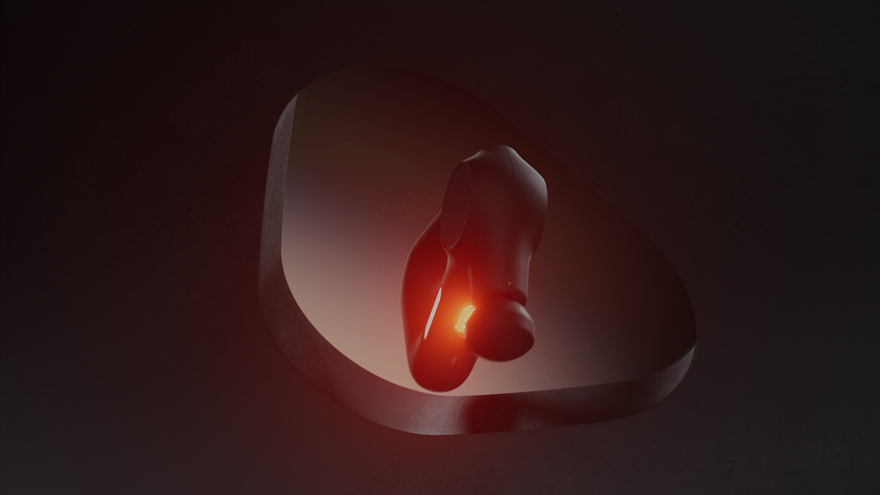 Animated sequence: A red light glows within a black, abstract shape.