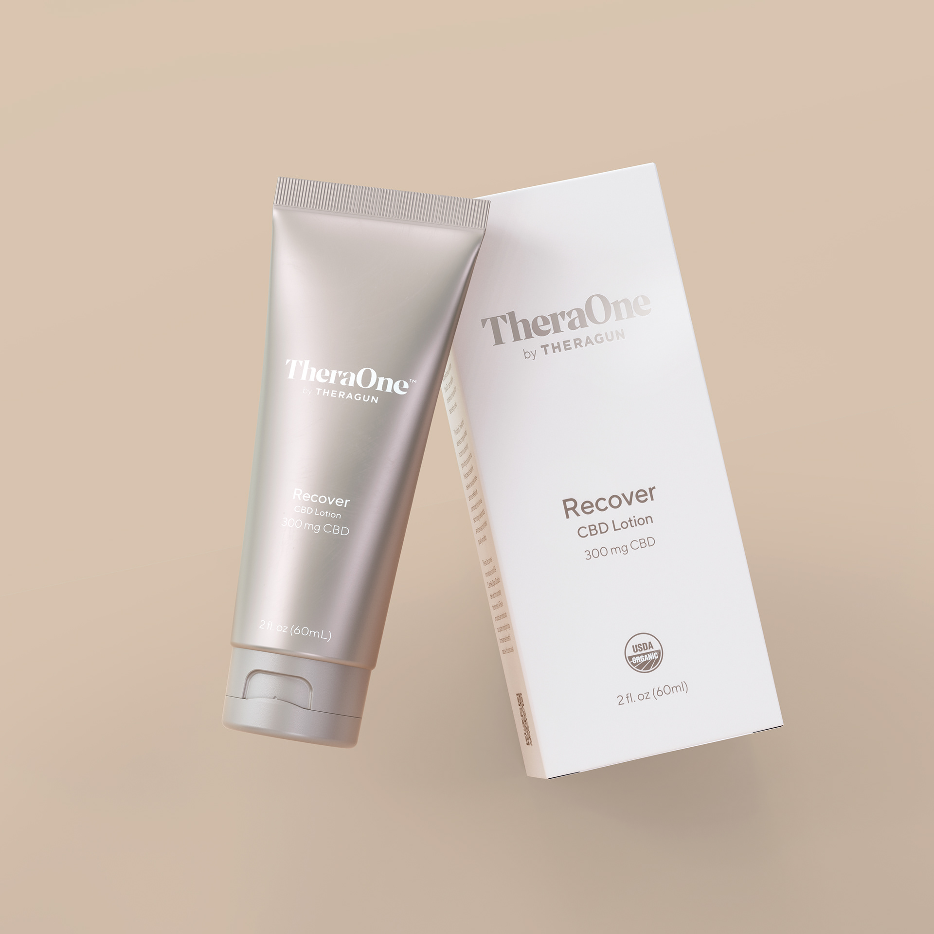 TheraOne Recover CBD Lotion 300mg/30mg, 2 fl oz (60ml) tube on beige background.