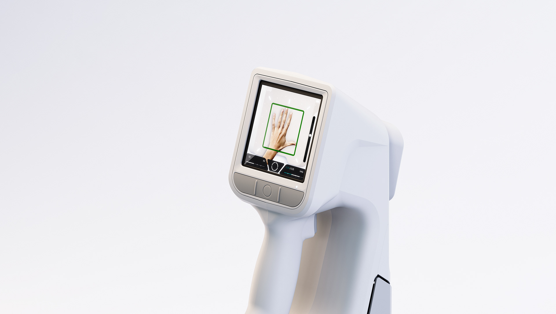 Portable precision device with a digital screen displaying a hand scan, featuring the brand name "OXOS" on the screen.