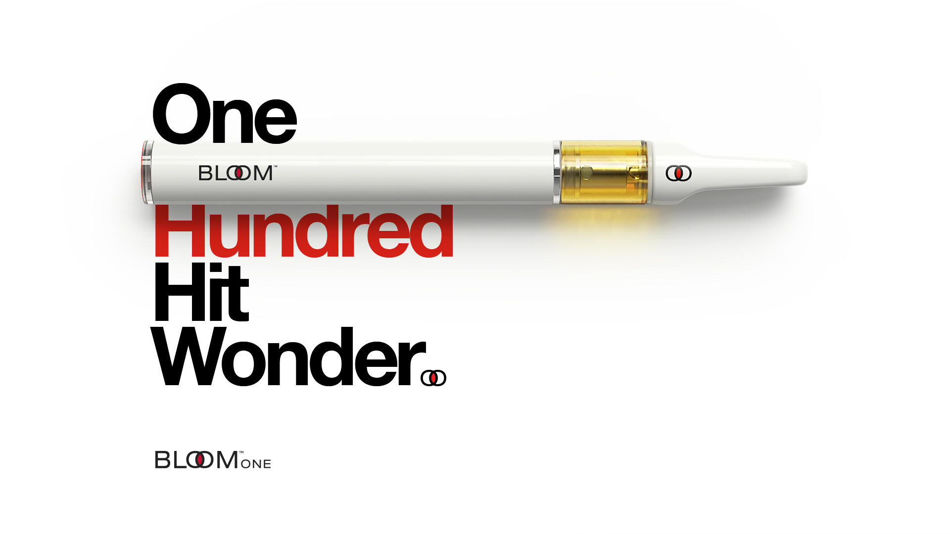A white electronic cigarette with a gold-colored cartridge, labeled BLOOM ONE and Hundred Hit Wonder.