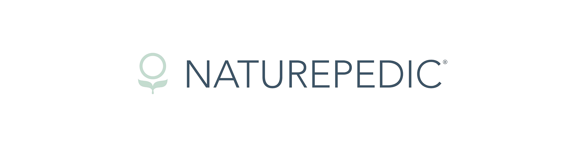 Naturepedic logo featuring a stylized leaf and brand name in dark blue text on a white background.