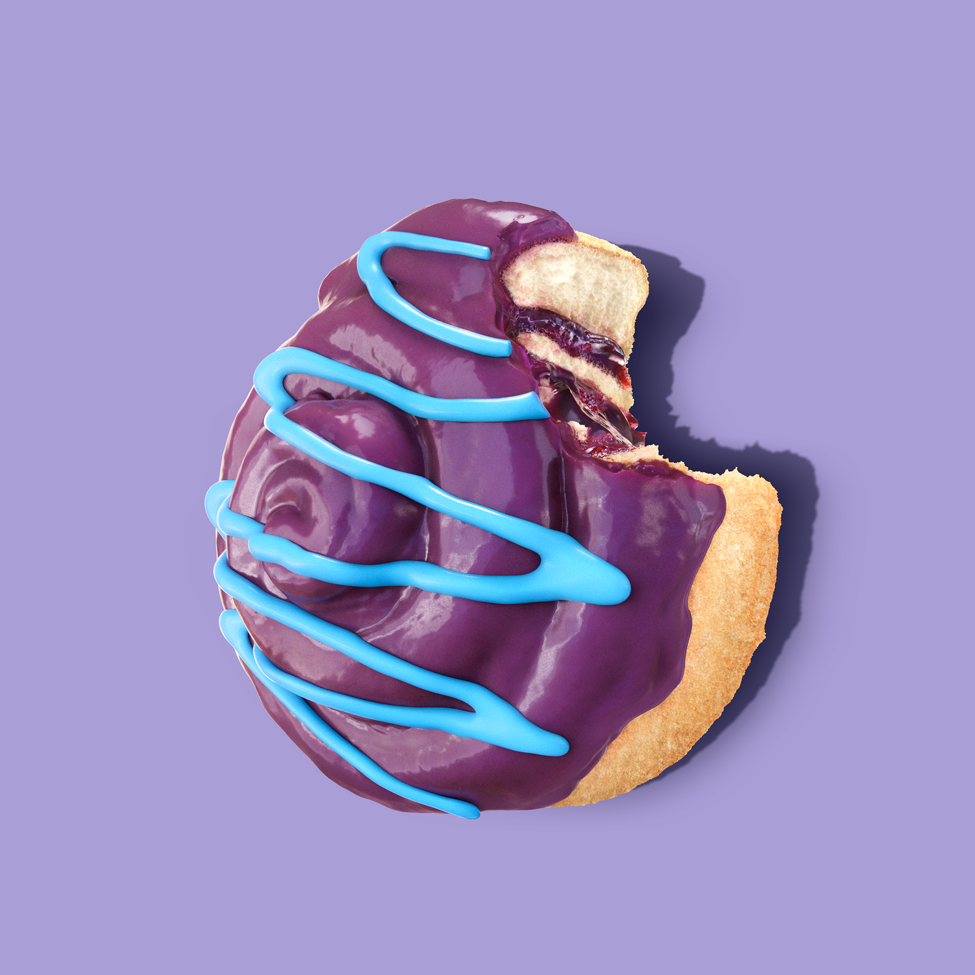 A delectable chocolate-glazed doughnut with blue icing drizzles, set against a soft purple background.
