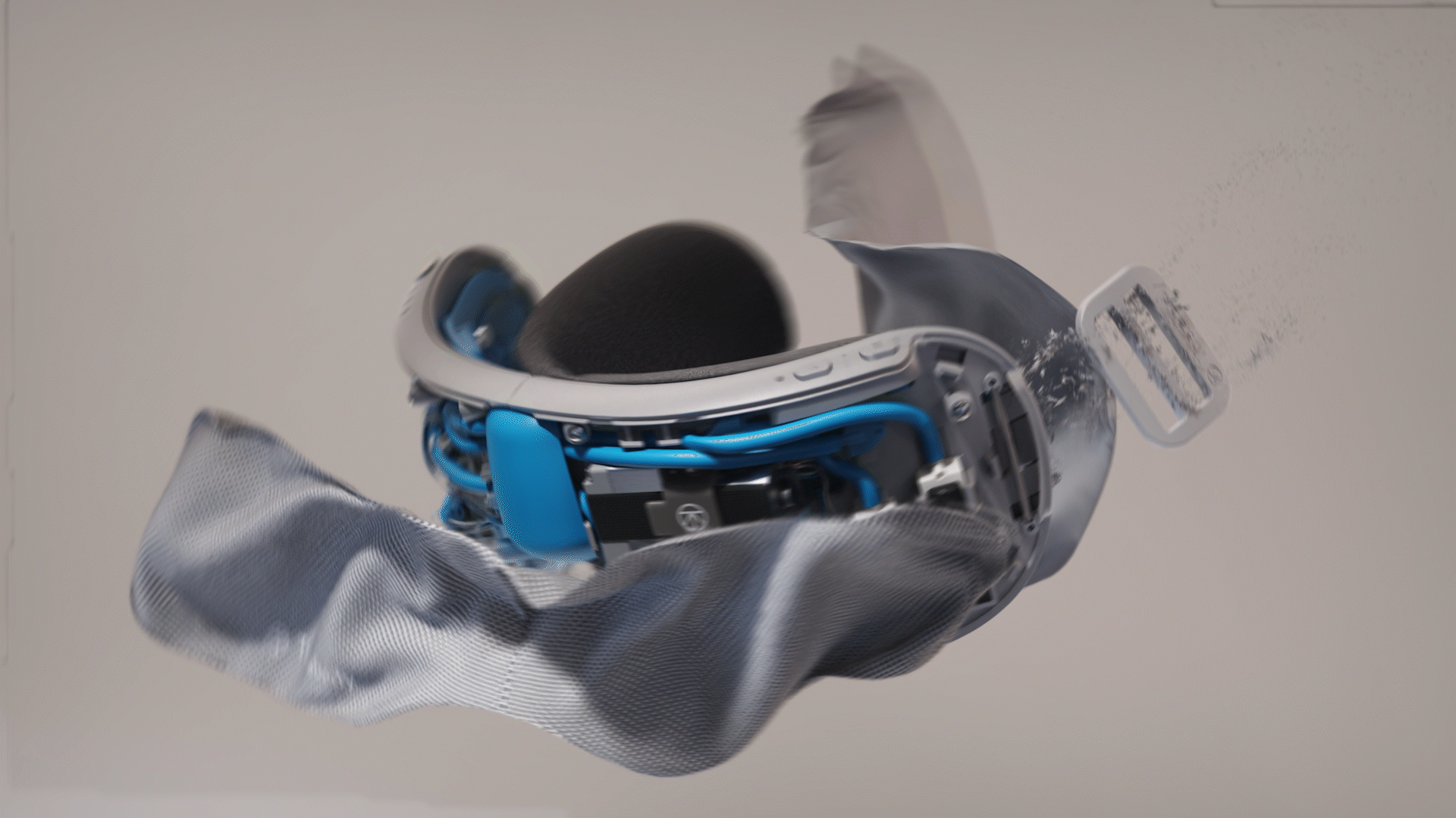 Animated sequence: A sleek, futuristic VR headset with a mesh-like texture, featuring a prominent "Therabody" logo on the side.