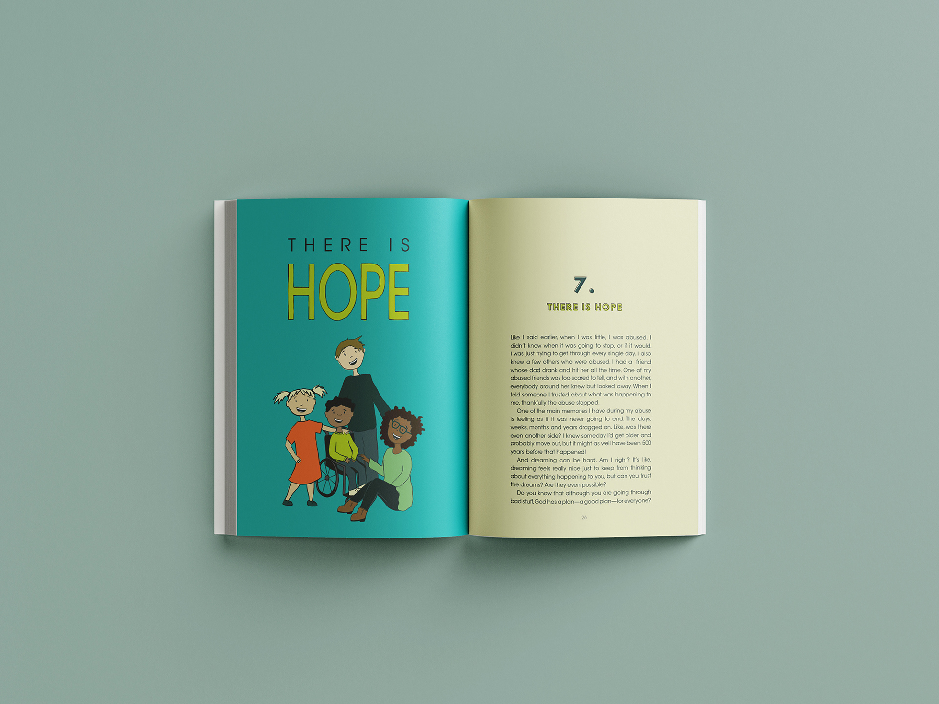 Children of all descriptions laughing together. There is Hope, teen book illustration.