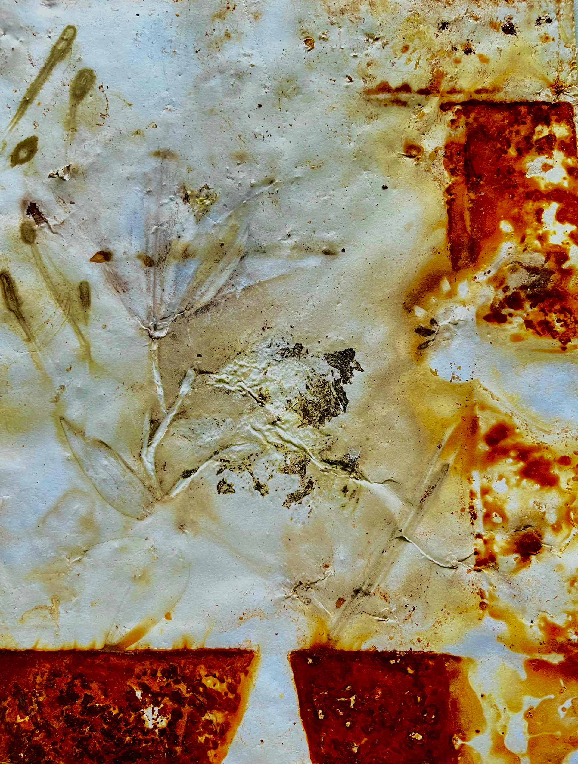 Summer leaves, Japanese daylilies, rusted objects