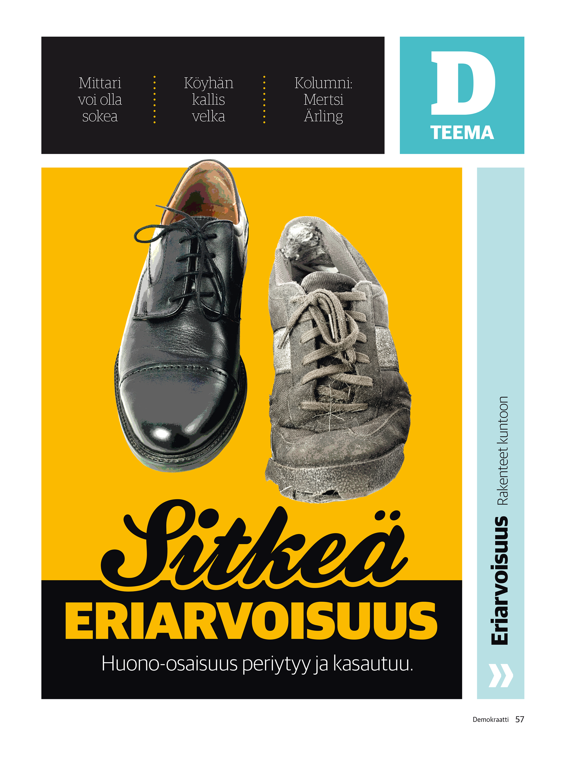 Demokraatti-lehden teeman kansikuvassa rinnakkain kiiltävä musta miehen juhlakenkä ja rikkinäinen, harmaa lenkkari keltaisella taustalla. Teksti 'Sitkeä eriarvoisuus – Huono-osaisuus periytyy ja kasautuu'. 