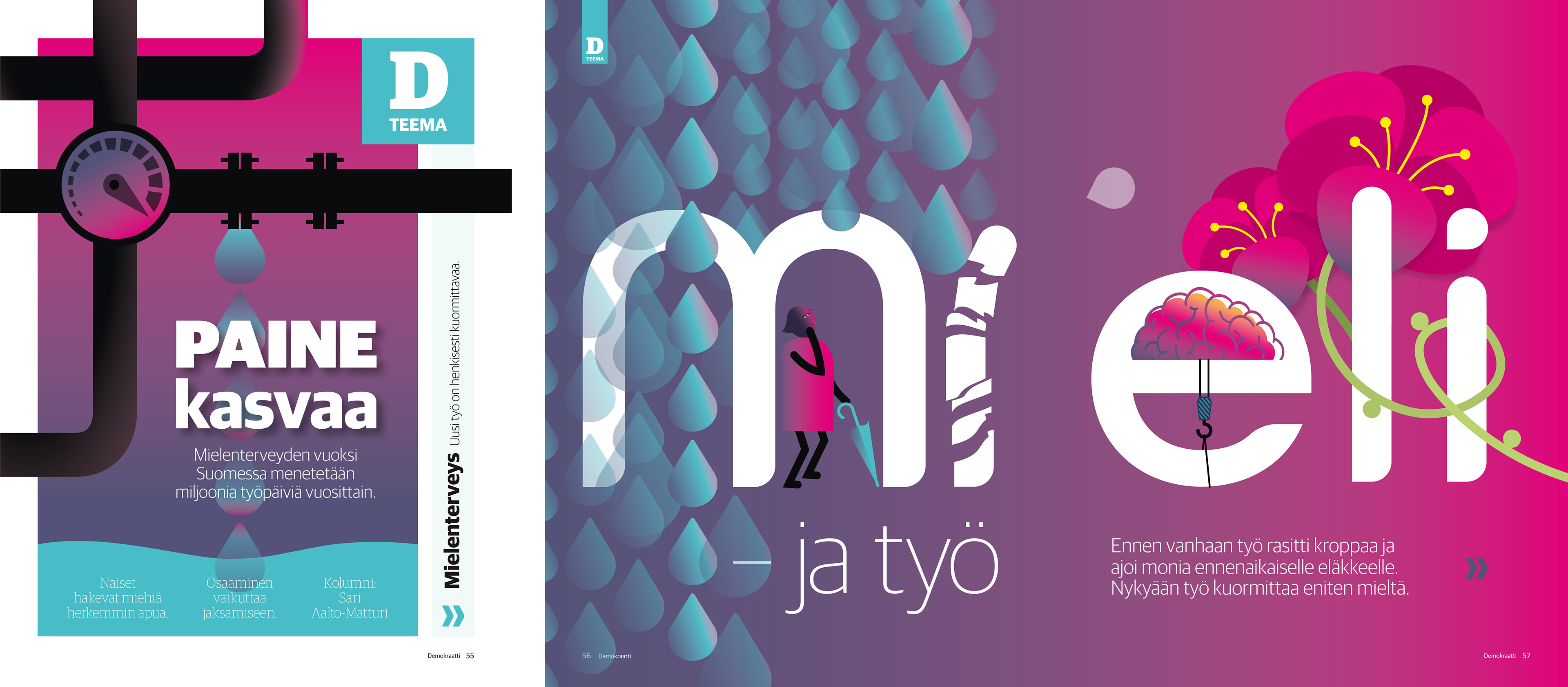 Demokraatti-lehden teema, vasemmalla piirroskuva pihisevästä putkistosta ja teksti 'Paine kasvaa', viitaten mielenterveysongelmien vaikutukseen sairaspäiviin Suomessa. Oikealla sana 'mieli' kuvitettuna sateen, aivojen ja kukkien kautta, kuvaten työn henkistä kuormitusta ja mielen hyvinvoinnin merkitystä.
