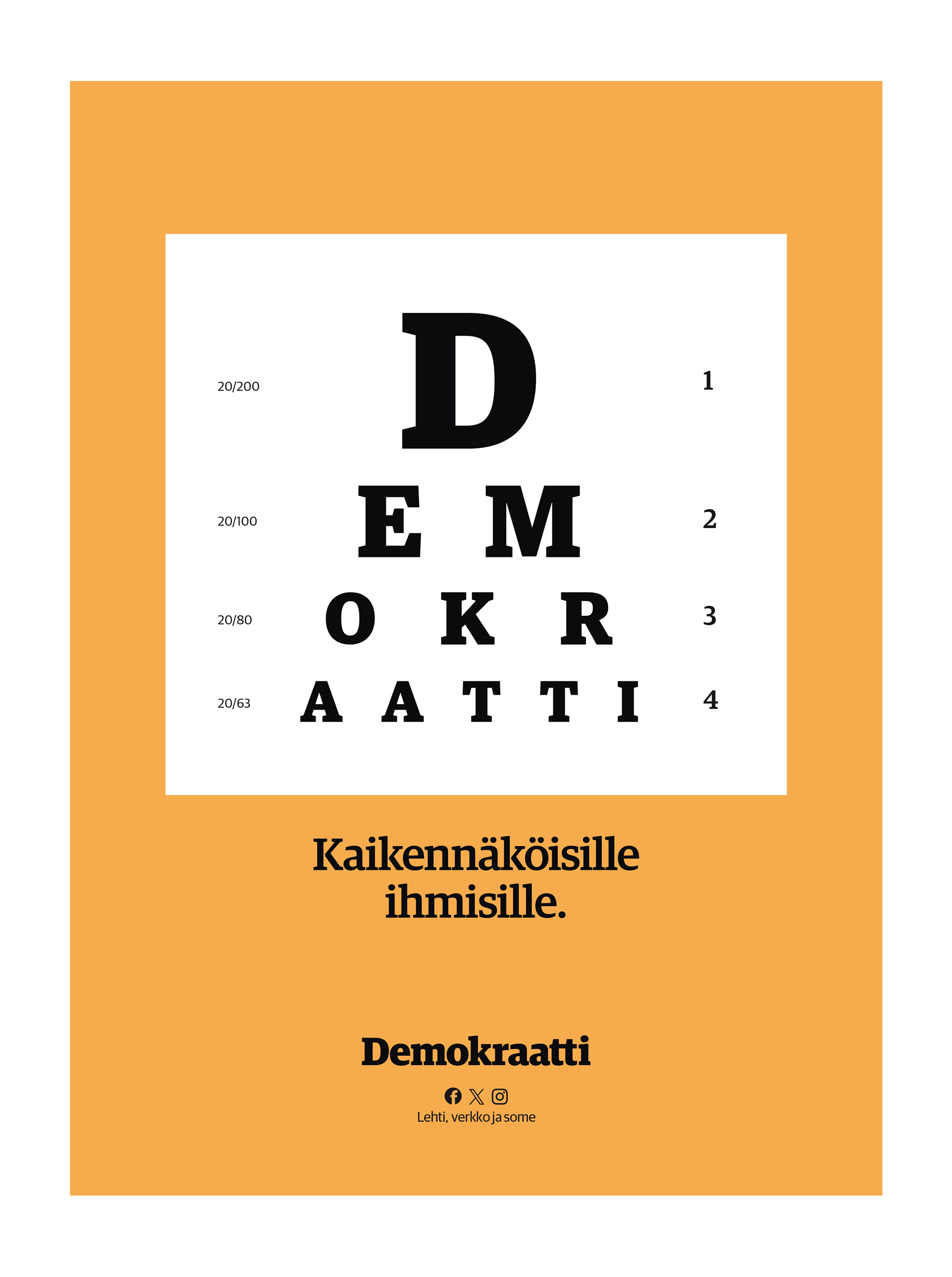 Ilmoitus, jossa näkötestitaulua muistuttava kuva, jossa kirjaimet muodostavat sanan 'Demokraatti'. Rivien vasemmalla puolella näköarvot ja oikealla rivinumerot. Alla teksti 'Kaikennäköisille ihmisille'. Alareunassa Demokraatti-lehden logo ja some-ikonit, taustalla oranssi kehys.
