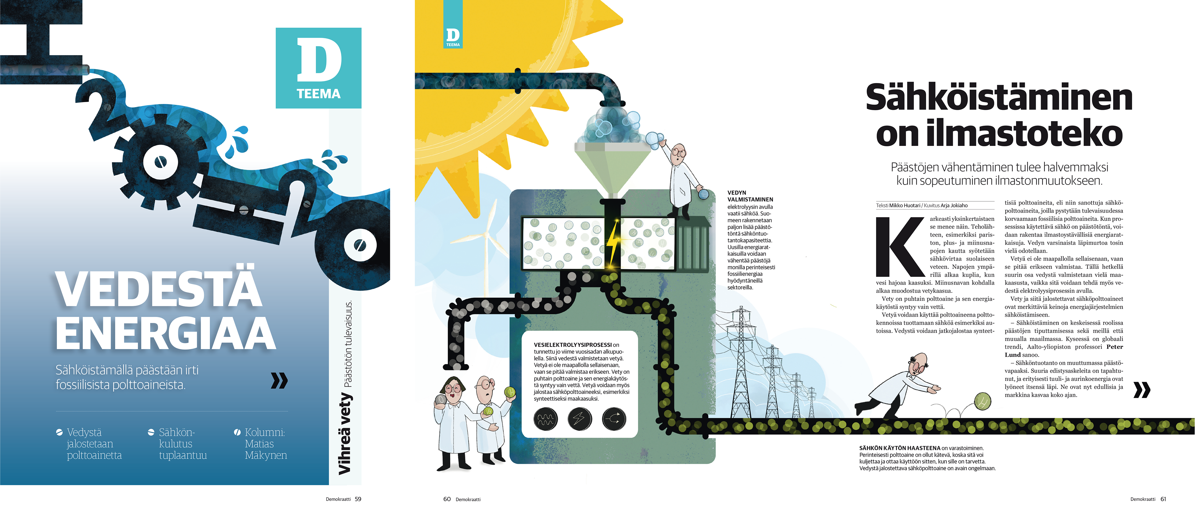 Demokraatti-lehden teema, jonka vasemmalla sivulla otsikko 'Vedestä energiaa' ja kuva purosta, joka virtaa H2O-lyhenteistä muodostuvassa hammasrattaistossa. Oikealla piirretty kaaviokuva vihreän vedyn valmistuksesta: aurinko, elektrolyysiprosessi, tutkijoita, putkisto ja sähkötolpat. Otsikko 'Sähköistäminen on ilmastoteko' kertoo päästöjen vähentämisestä fossiilisia korvaamalla.