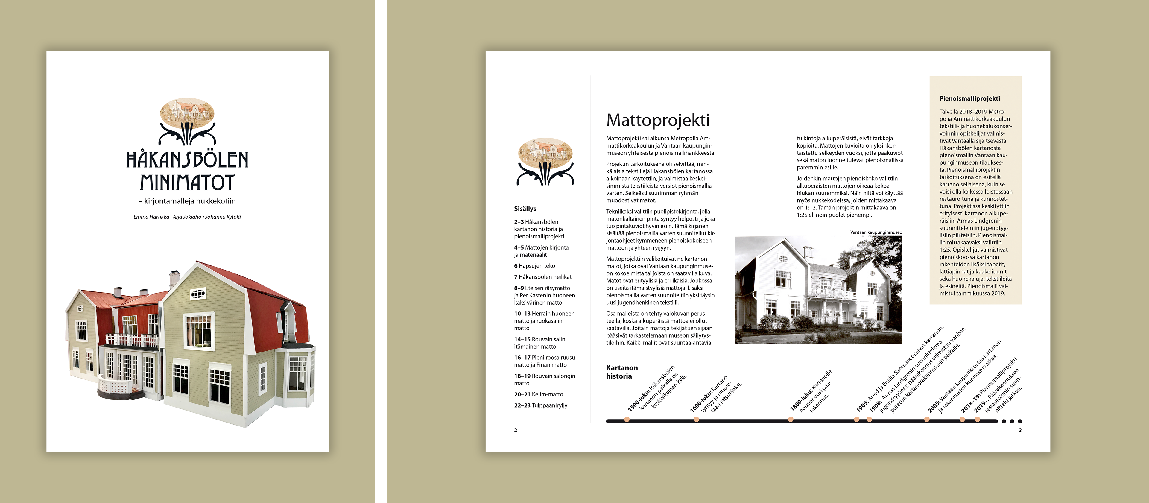 Kansi ja aukeama kirjasesta 'Håkansbölen minimatot – kirjontamalleja nukkekotiin'. Vasemmalla kannessa kuva Håkansbölen kartanon pienoismallista. Oikealla sisällysluettelo ja tekstiä matto- ja pienoismalliprojektista, mustavalkoinen historiallinen valokuva kartanosta sekä aikajana kartanon historiasta.