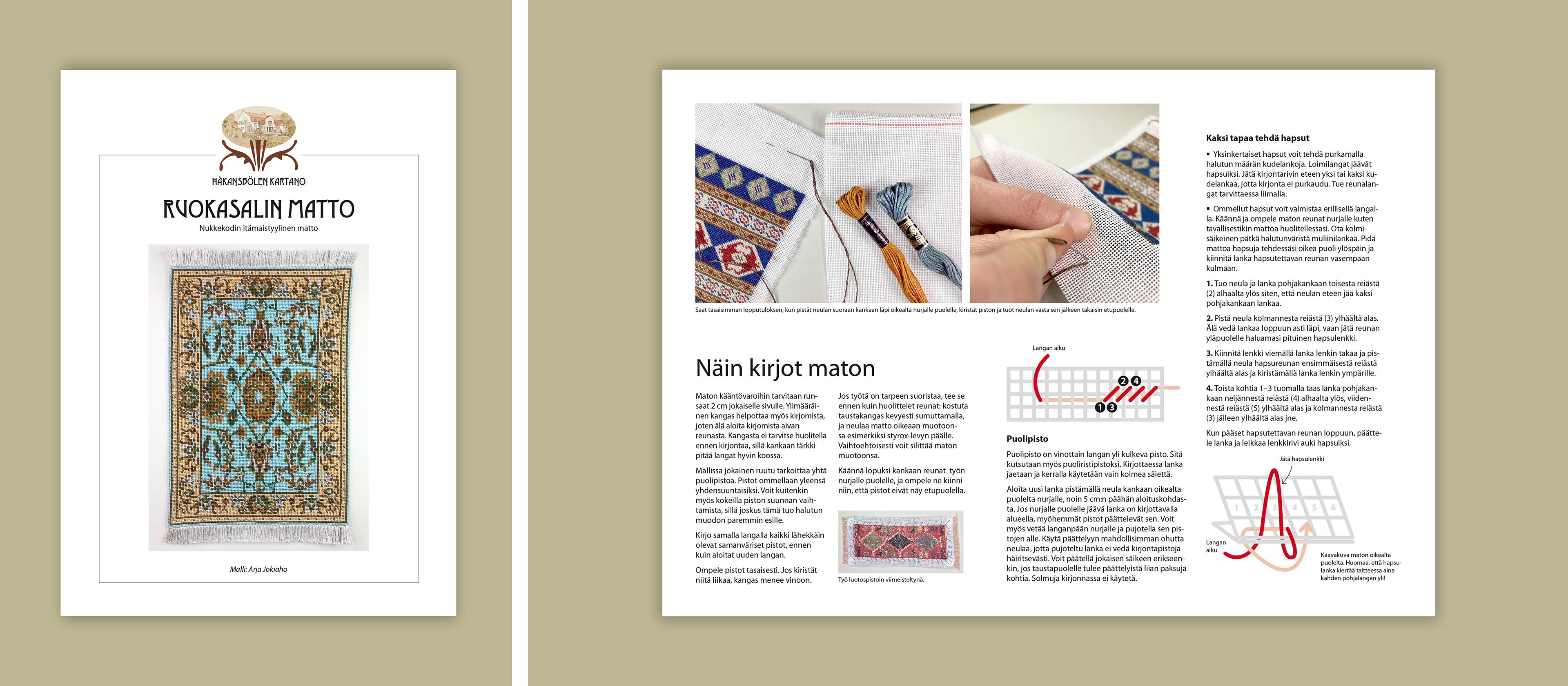 Kansikuva ja työohje Håkansbölen kartanon ruokasalin itämaistyylisen miniatyyrimaton kirjontapakkauksesta. Vasemmalla kuva valmiista turkoosi- ja ruskeasävyisestä matosta. Oikealla ohjeita maton kirjontaan ja hapsujen tekoon, valokuvia työvaiheista sekä kaavioita pistotekniikoista.