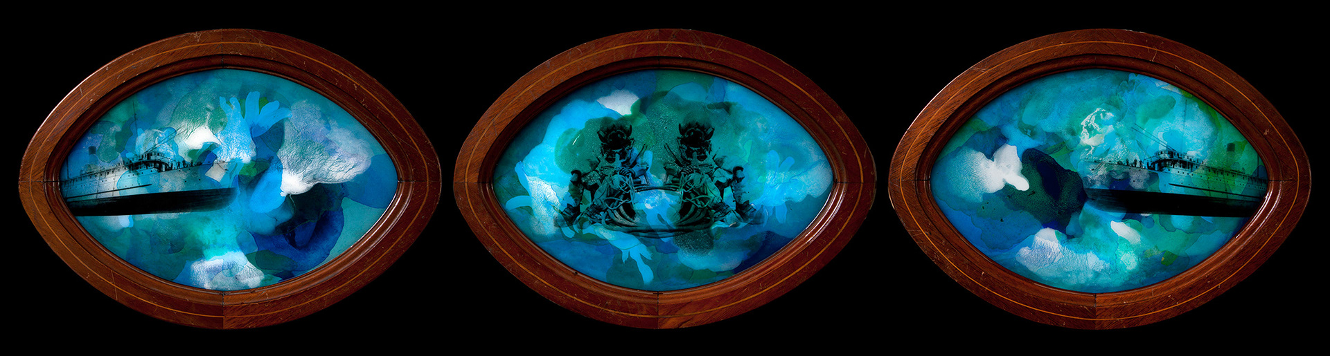 Port Hole (Triptych), Acrylic and resin on board, with reclaimed wooden frame 35cm x 50cm, 2017