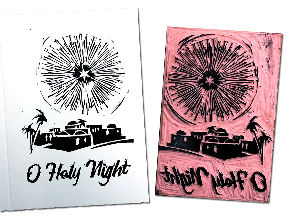 Lino cut Christmas card - commission set of 45