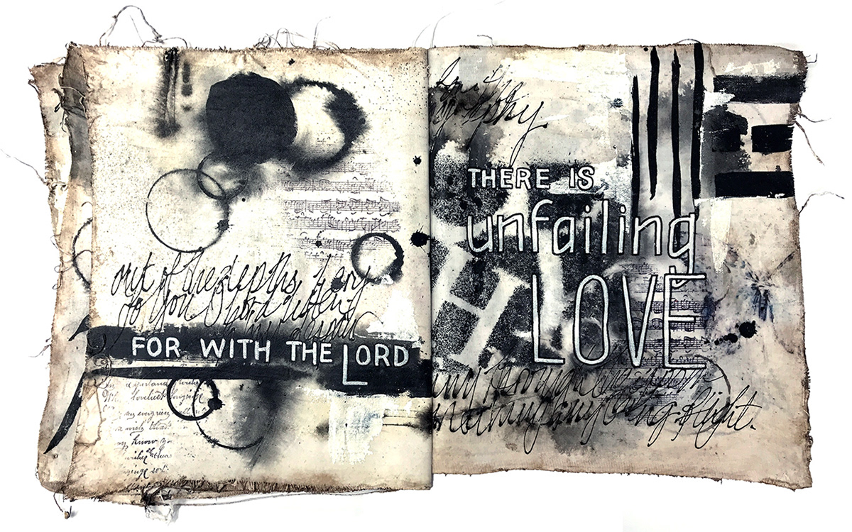 'Out of the darkness' mixed media art journal - cheese cloth, flexible wall filler, inks and sprays