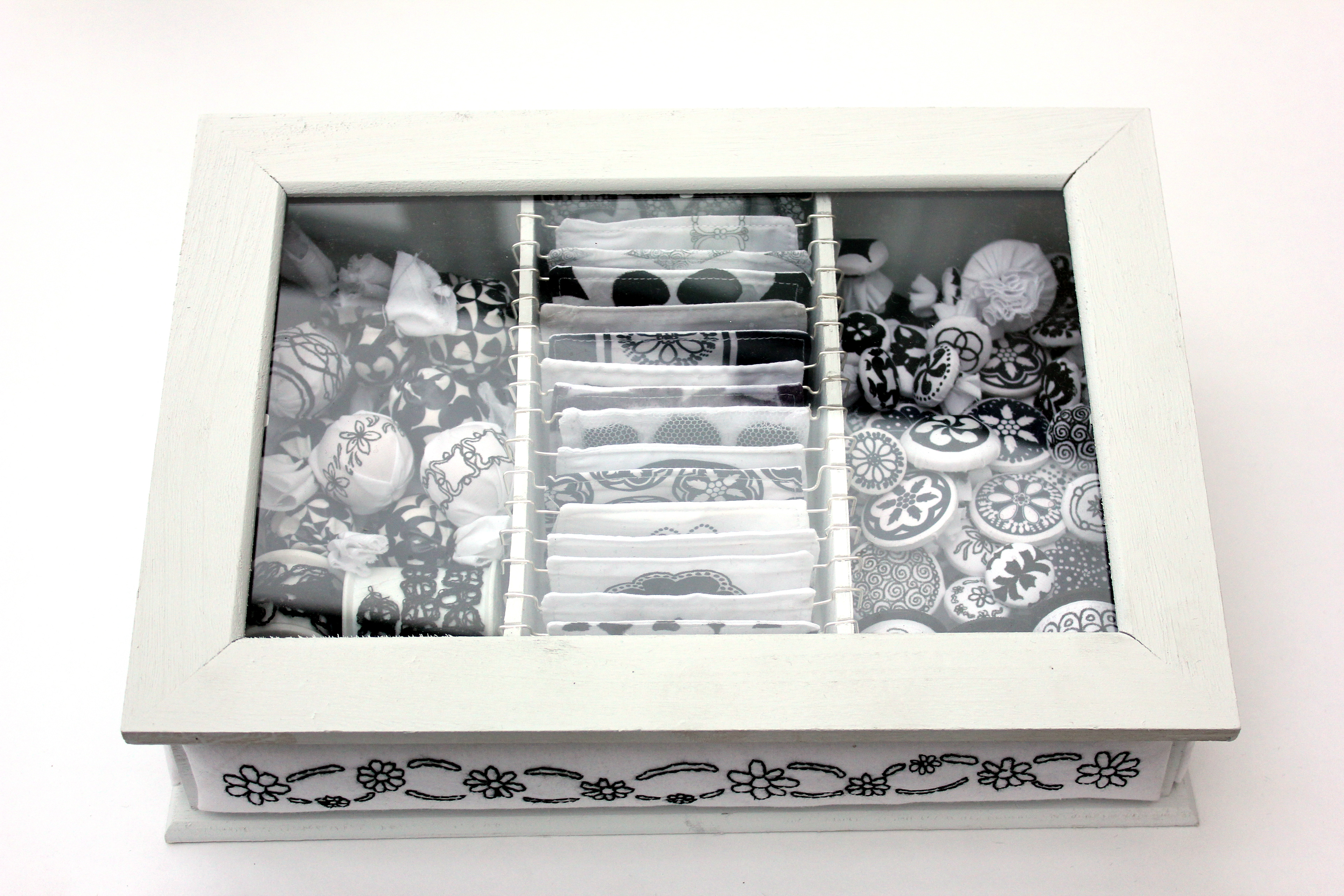 Hand decorated fabric items in a box - inspired by Joseph Cornell