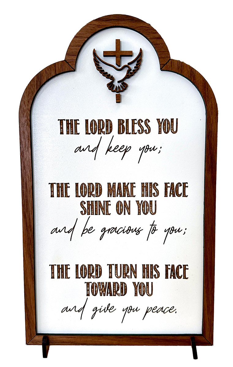 Engraved white coated MDF with walnut frame