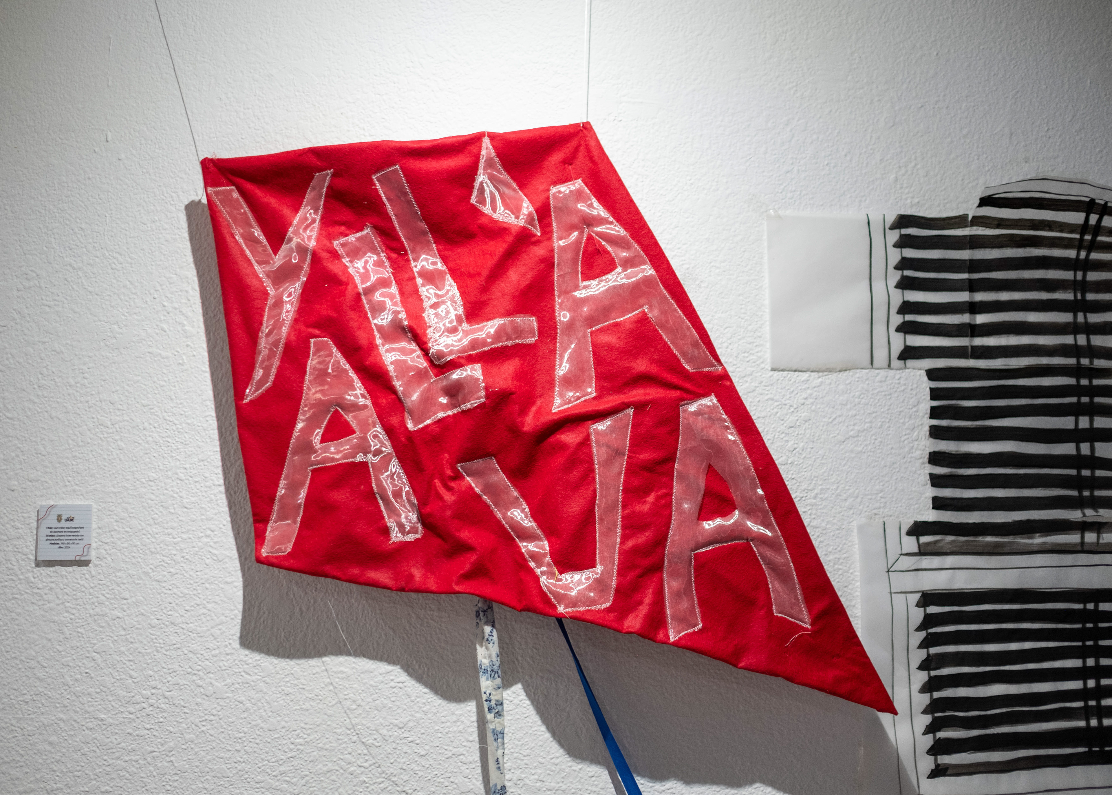 Aun estoy aquí (capacidad de asombro en resguardo) Alacena intervenida con pintura acrílica y cometa de textil 140x50x50cm 2024