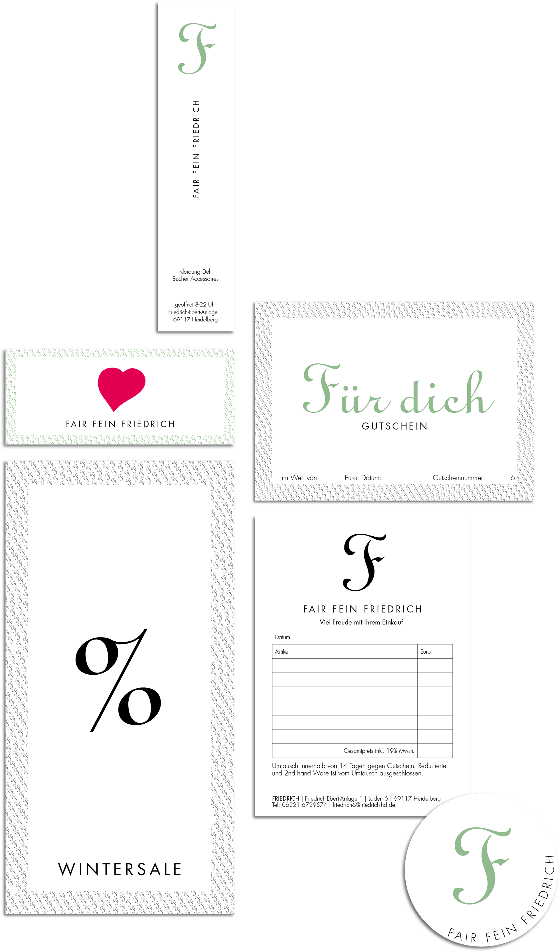 Geschäftsausstattung für das Ladengeschäft Fair Fein Friedrich: Gutschein, Kassenblock, Aufkleber, u.a.