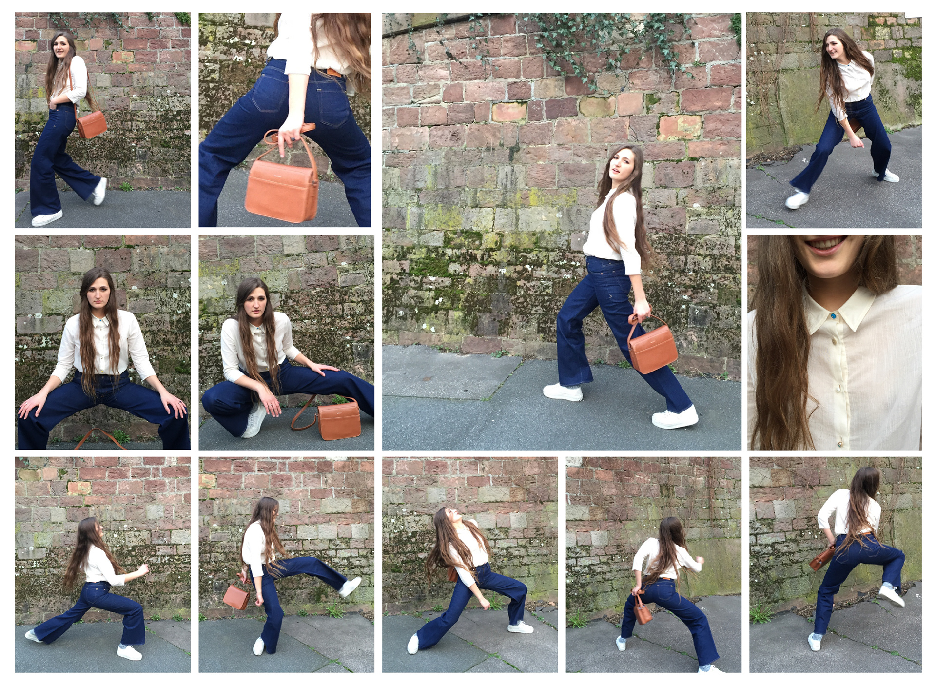 Fotoshooting mit Marlene Winkler mit Jeans von Kings of Indigo und Tasche von Matt und Nat.