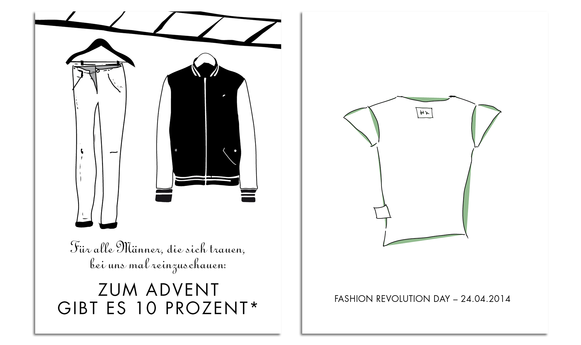 Zwei Plakate für das Fair Fein Friedrich. Links: Sale, rechts: Fashion Revoltion Day.