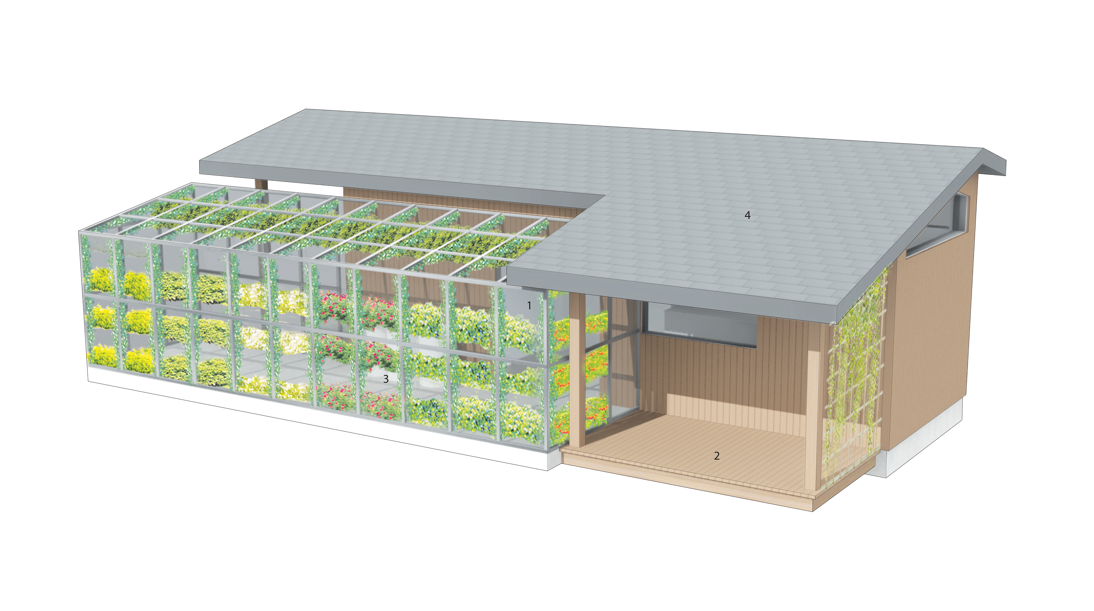 1. Double Door that extends the living space into the greenhouse. 2. Two decks fill in the space created by the two shifting volumes. The front of the home has a ramp for accessibility. 3. Rainwater collection system funnels water into rainwater barrels to provide the greenhouse with an adequate water supply. 4. Tesla solar roof shingles provide the home with adequate electricity to power all appliances and heating. They are faced south to maximize daily sun intake.