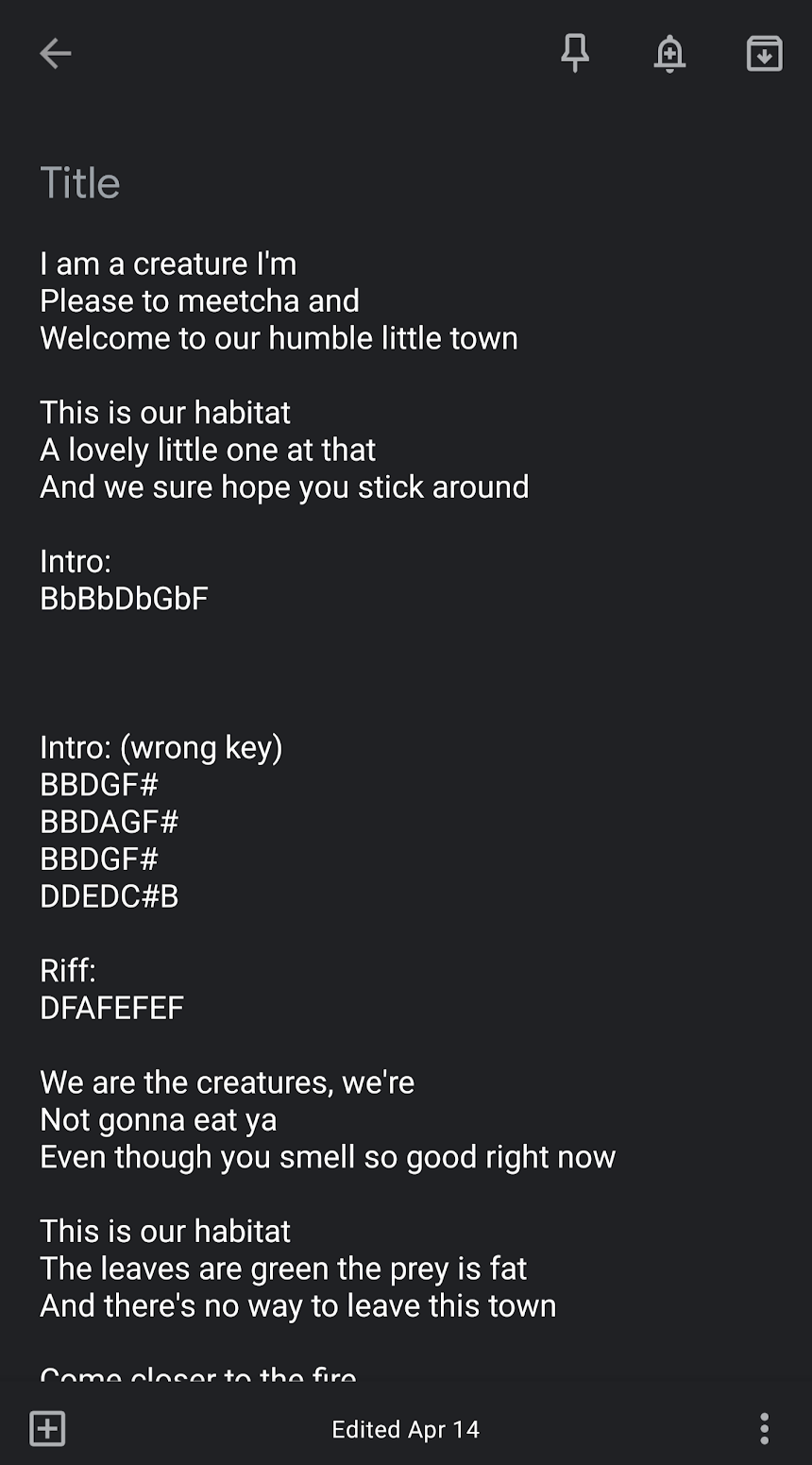 Top of notes - First Verse