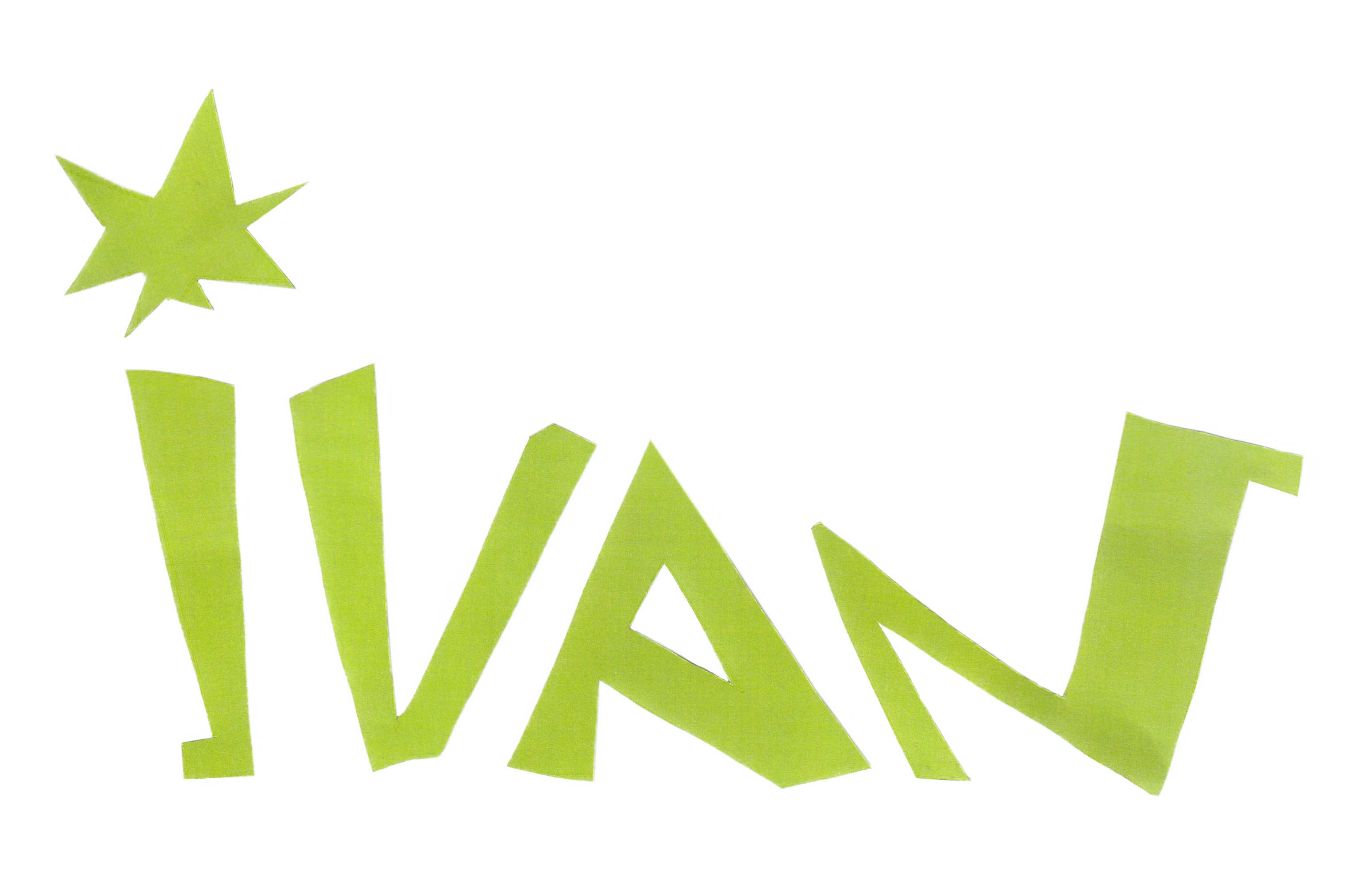 Ivan's wordmark, a custom funky typeface made with cut green paper