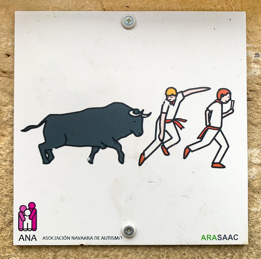 Sign marking the street where the running of the bulls takes place - Calle de la Estafeta - Pamplona, Navarra, Spain