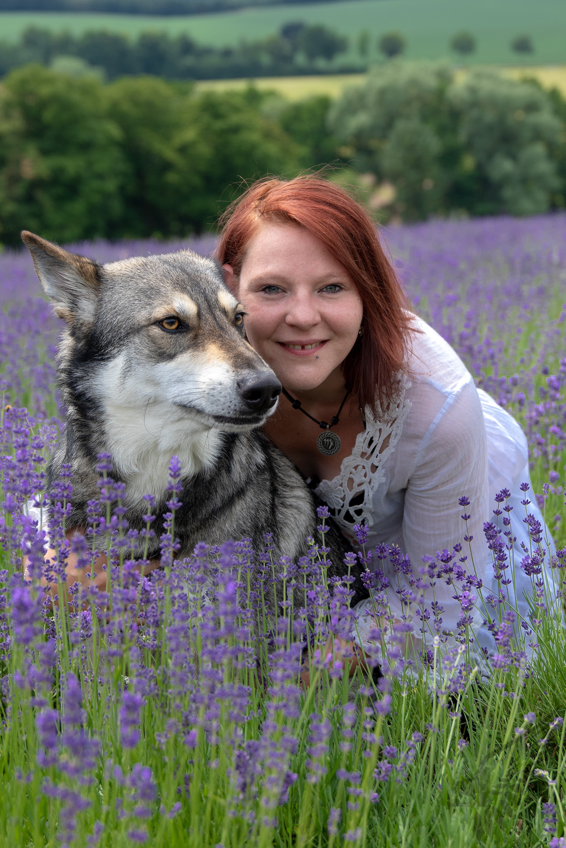 Sandra and Floki in the lavender 