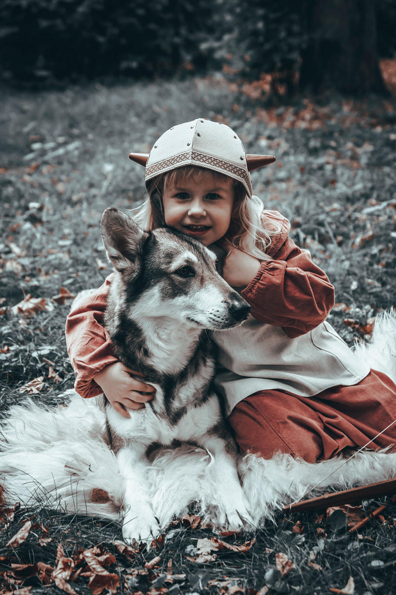 Lucy as a viking girl with Ghost
