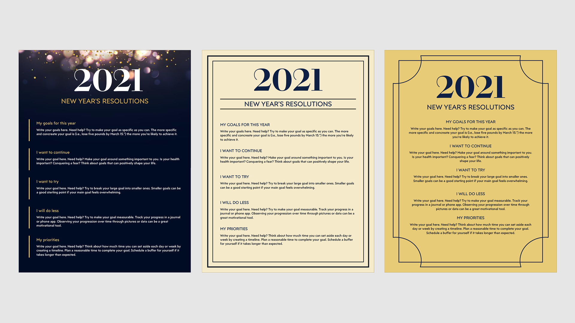 3 versions of a resolutions page to help spark ideas for a party task