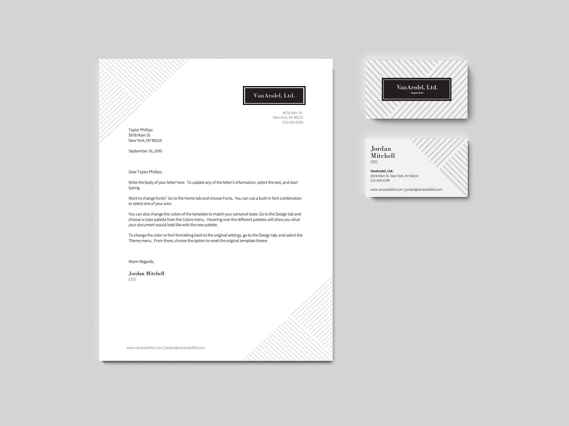 Created an updated business card and letterhead based off pinstripe aesthetic