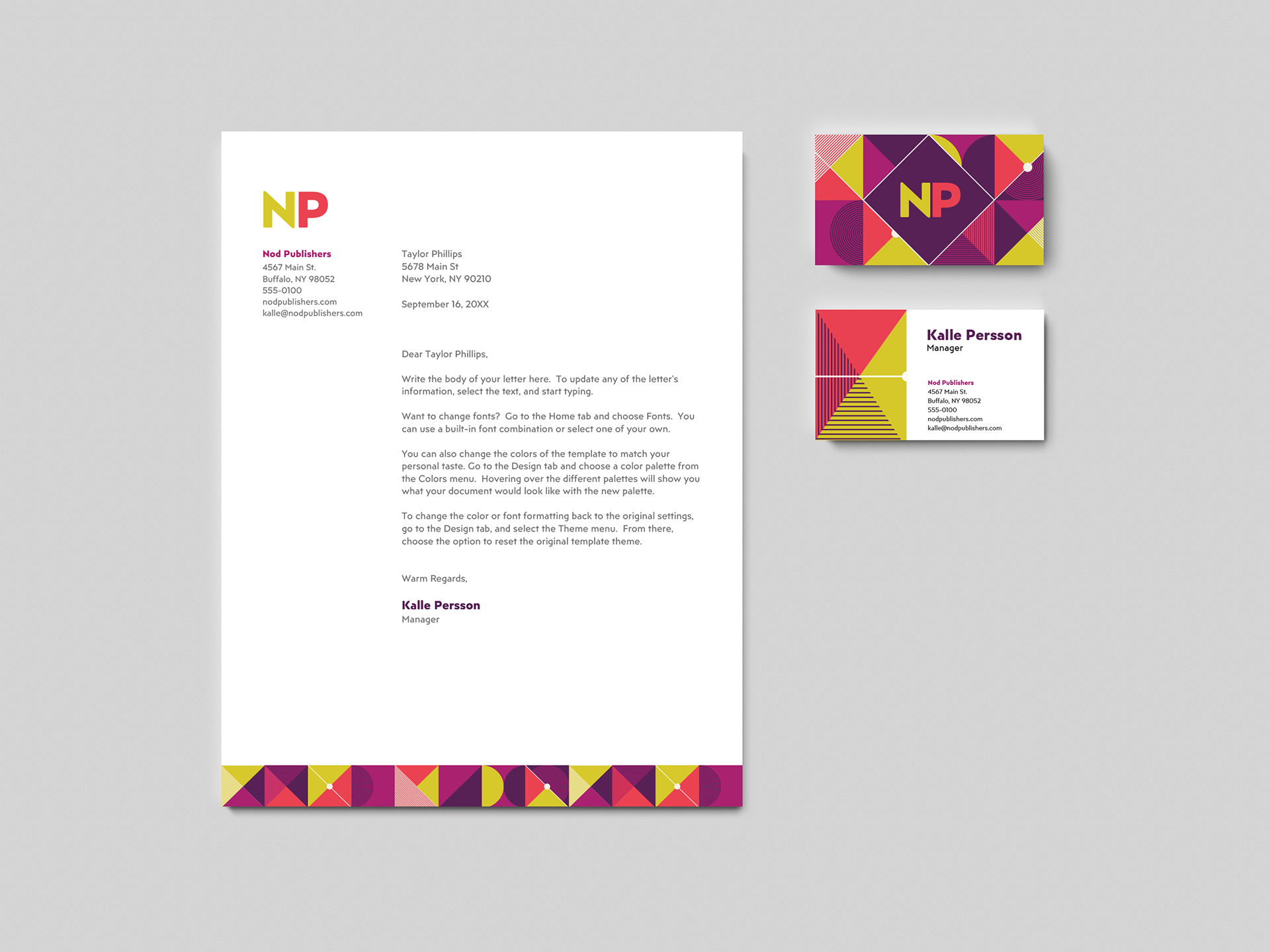 Created a business card and letterhead based on graphic shapes with 3 different templates