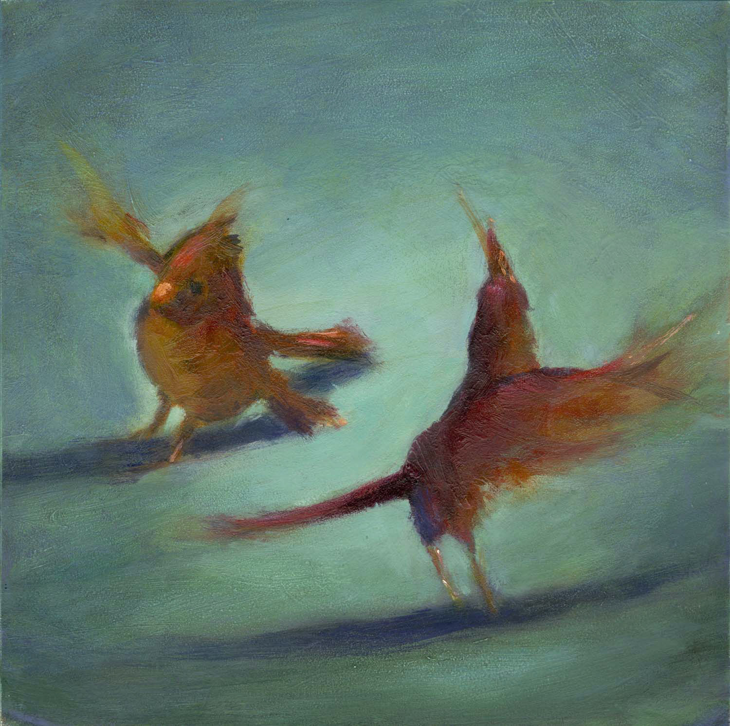 Cardinal Dance, oil on panel, 8x8" , 2018
