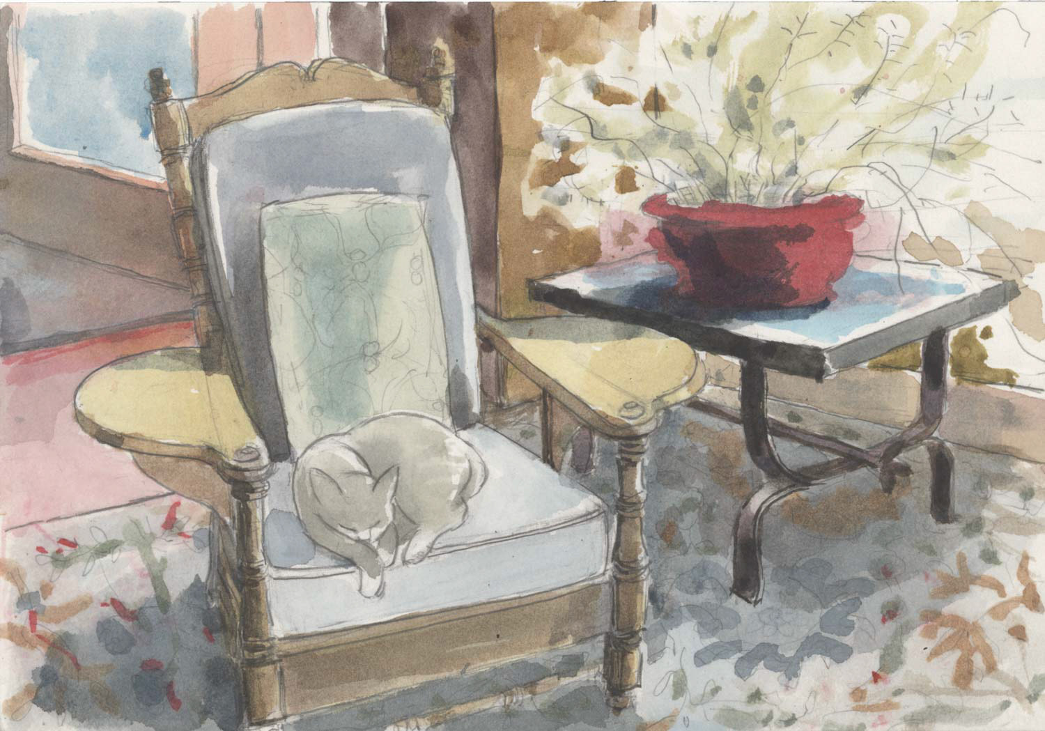 Interior with Frankie, 8x10, watercolor, 2020