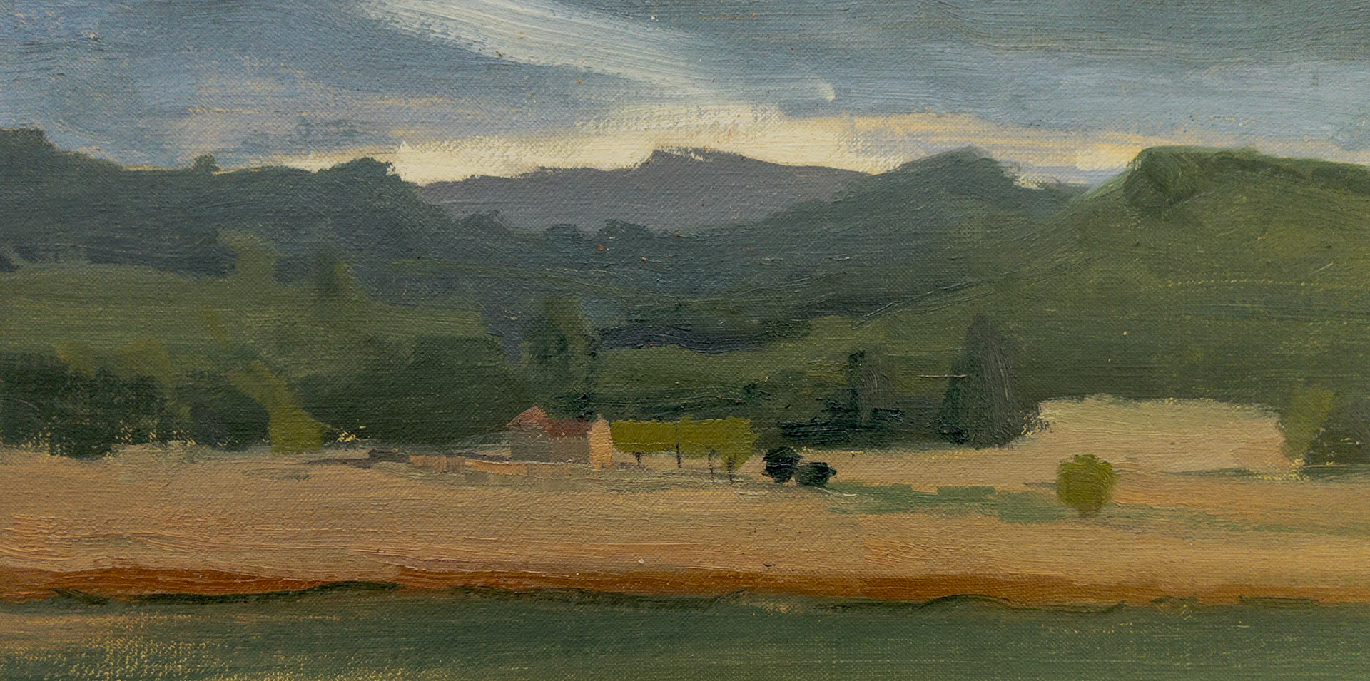 View from Chateau de Belcayre VII, oil on linen, 5x12", 2022