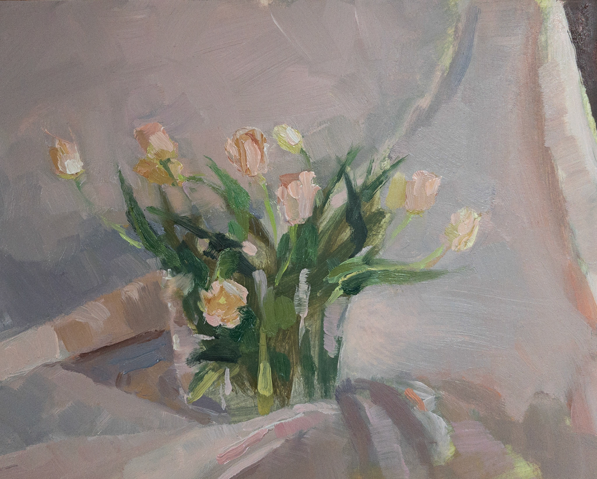 Tulips with Pink Drape II, 2022, oil on paper, 8x6