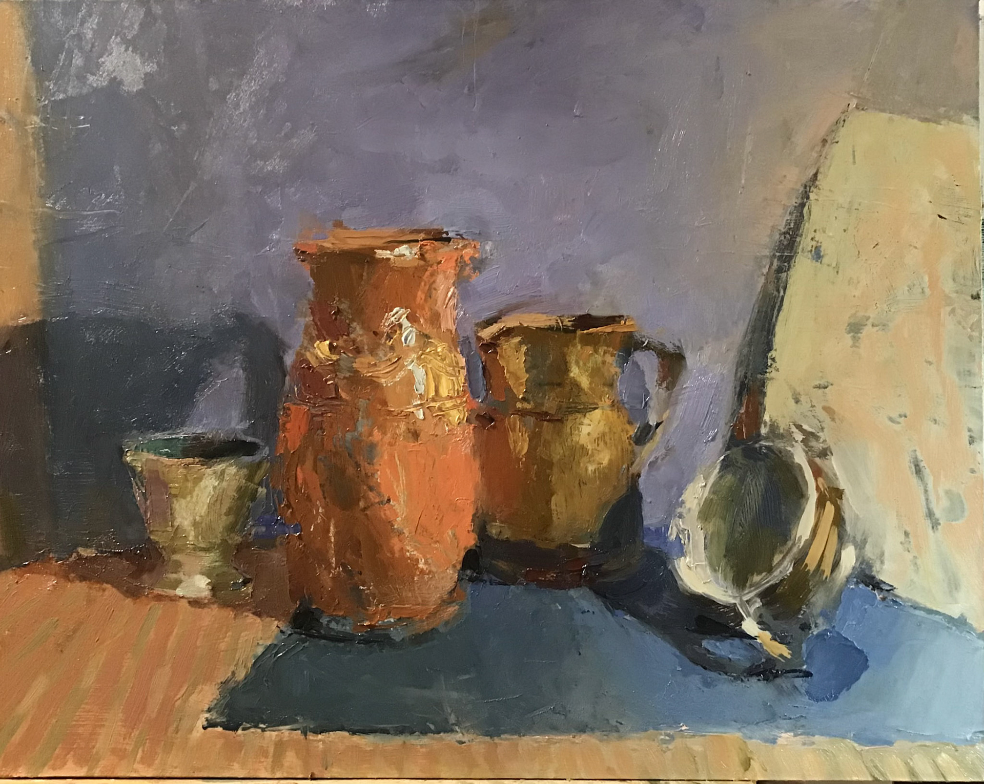Still Life with Pitchers, 2021, oil on panel, 14x11"